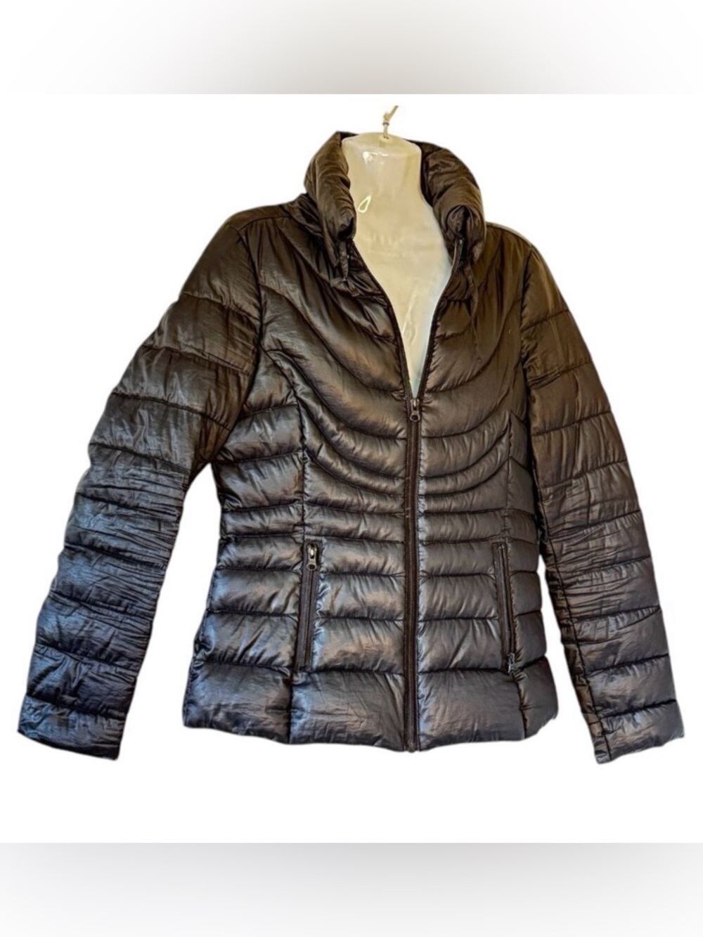 A.N.A. Black Packable Premium Down Puffer Jacket Long Sleeve Stow Away Hood   S